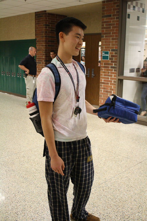 A+senior+dons+his+pajamas+on+Monday+to+participate+in+spirit+week.+Spirit+week+is+leading+up+to+Homecoming+weekend.