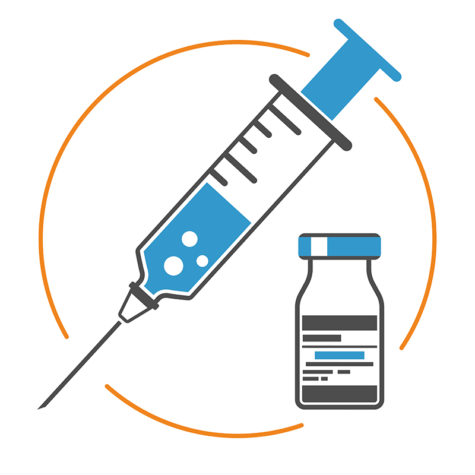 Icon plastic medical syringe with needle and vial in flat style, concept of vaccination, injection, isolated vector illustration