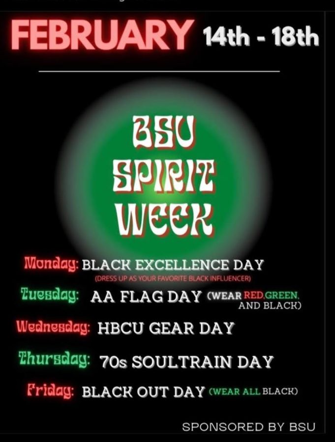 Spirit week graphic done by BSU. You can follow their instagram to keep up with upcoming important dates, events, and more! IG: bsu_ln
